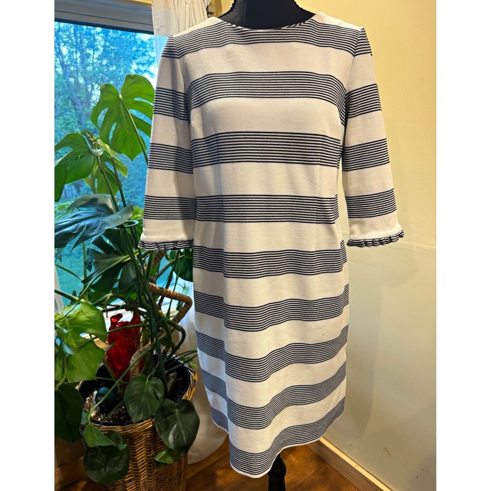 Talbots Petites 6P White Navy Blue Striped Knit Shift Crew Neck 3/4 Zip Ruffle
